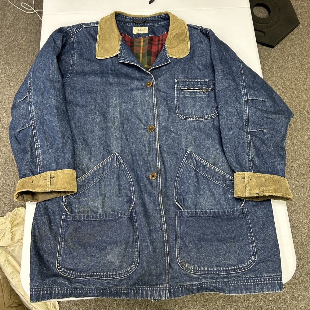 LL Bean Field Coat Mens XXL Blue Denim Corduroy Trim Flannel Lined Barn Jacket